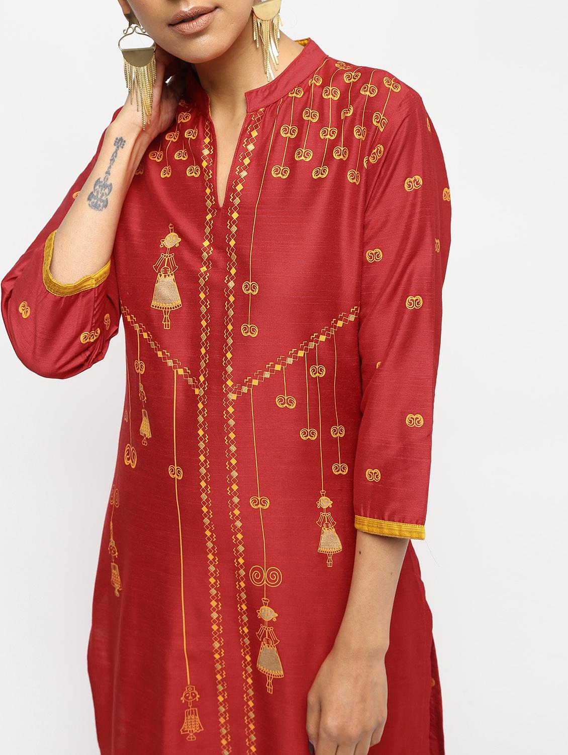 Block print silk straight kurta - 15893106 - Zoom Image - 4