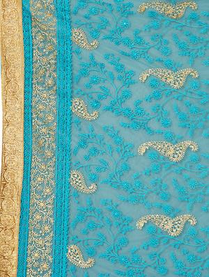 paisley embroidered turquoise saree with blouse - 15898602 - Standard Image - 4