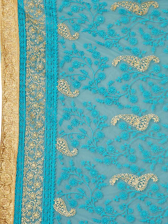 paisley embroidered turquoise saree with blouse - 15898602 - Zoom Image - 4