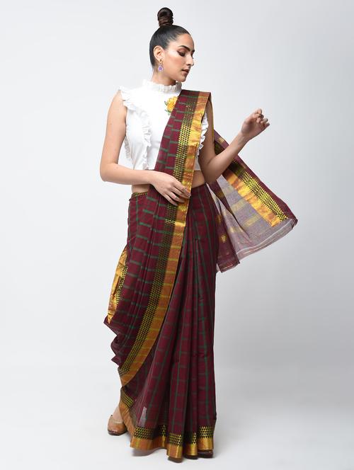 checkered maroon maheshwari saree with blouse - 15907560 - Standard Image - 1
