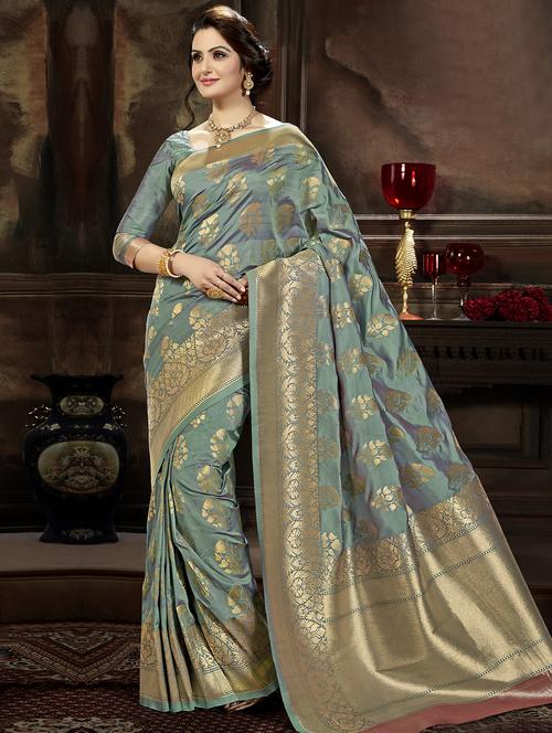 floral zari motif turquoise banarasi saree with blouse - 15921661 - Very Small Image - 1