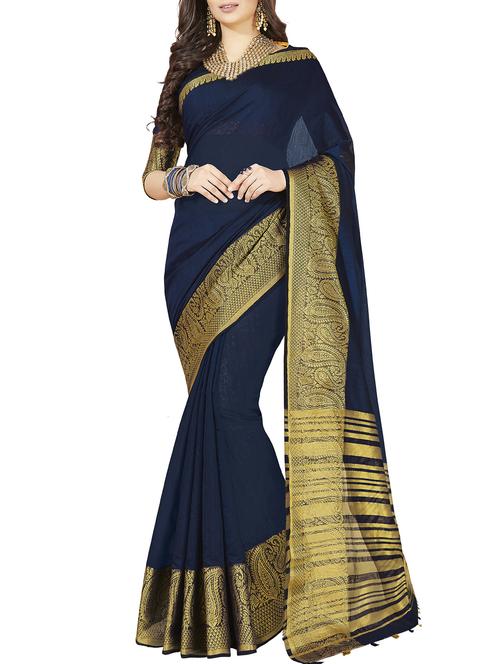 paisley zari border blue kanjivaram saree with blouse - 15933393 - Very Small Image - 1