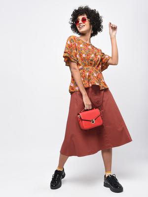 gathered floral flared sleeved top - 15936492 - Standard Image - 4