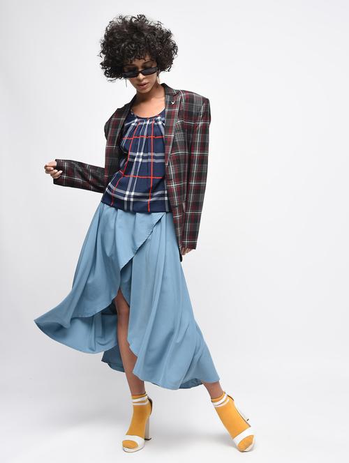 pleated neck checkered blouson top - 15936515 - Standard Image - 1