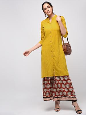 Mustard solid straight kurta - 15941753 - Standard Image - 4