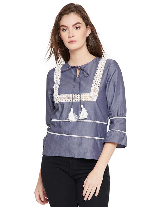 lace insert tie up neck top - 15951665 - Standard Image - 1