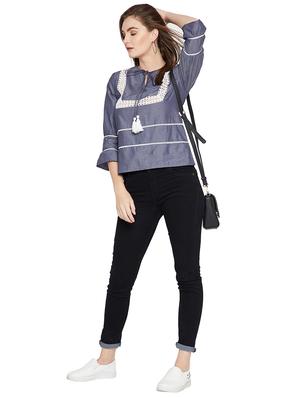 lace insert tie up neck top - 15951665 - Standard Image - 4