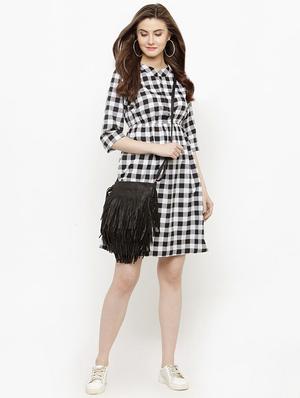 mandarin neck checkered a-line dress - 15952882 - Standard Image - 4