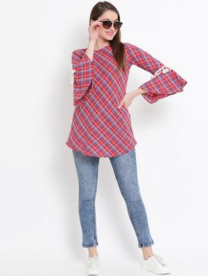 tasseled lace bell sleeved checkered tunic - 15966159 - Standard Image - 4
