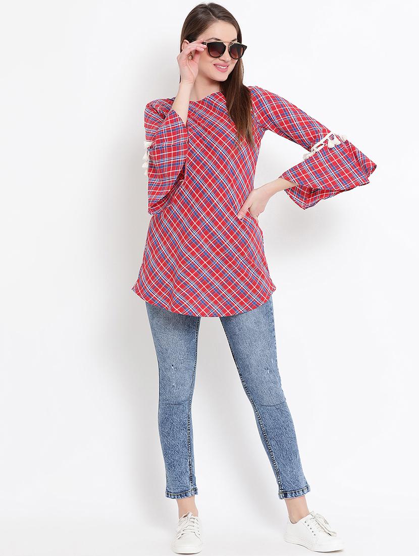 tasseled lace bell sleeved checkered tunic - 15966159 - Zoom Image - 4