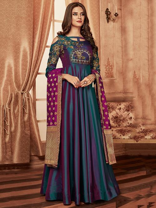 Embroidered flared semi-stitched suit - 15999544 - Standard Image - 1