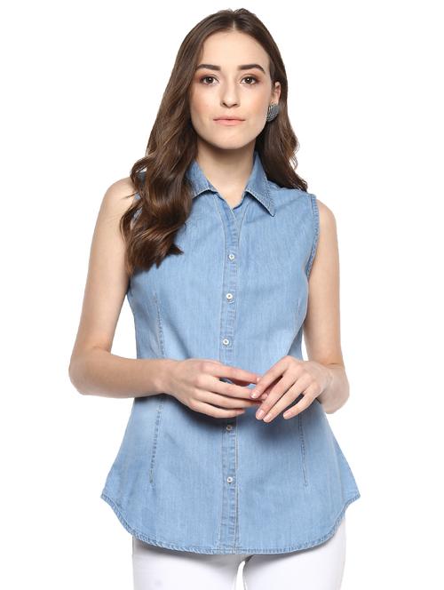 curved hem sleeveless denim shirt - 16009106 - Standard Image - 1