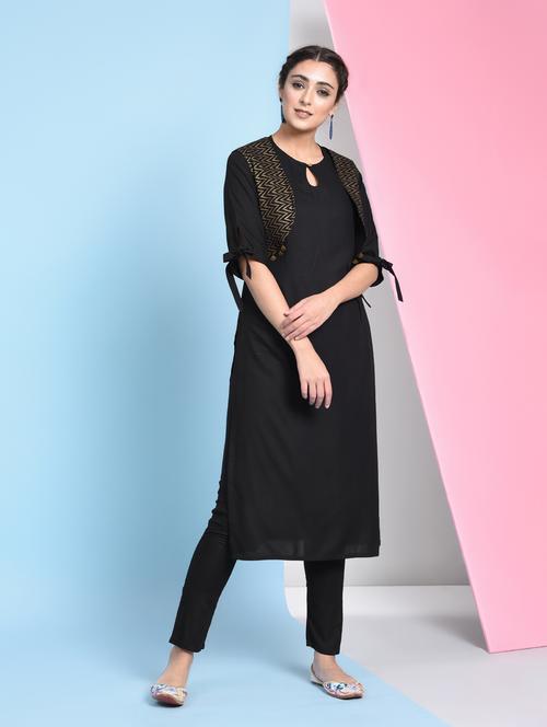 solid straight kurta with chevron jacket - 16012139 - Standard Image - 1