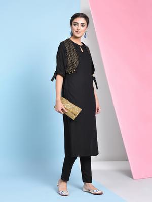 solid straight kurta with chevron jacket - 16012139 - Standard Image - 4