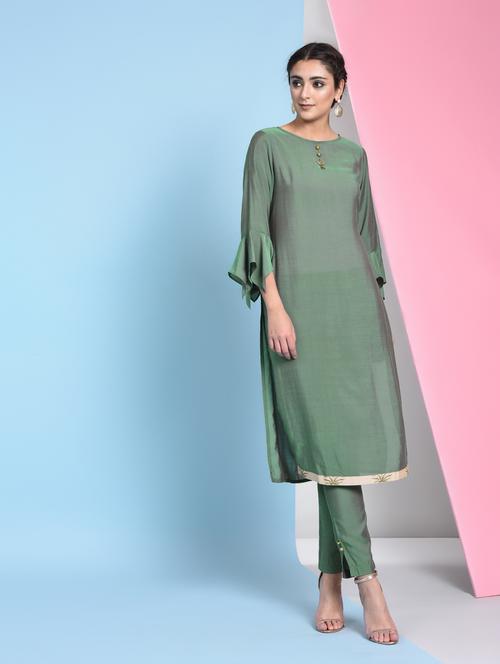 Asymmetric sleeved solid silk straight kurta - 16012448 - Standard Image - 1