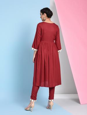 burgundy solid flared kurta - 16012449 - Standard Image - 4