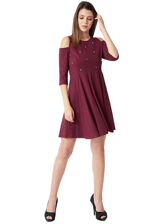 cold shoulder pearl embellished flared dress - 16013807 - Zoom Image - 4