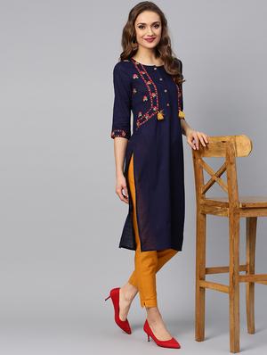 Indigo Embroidered Kurta With Solid Cigarette Pant - 16017160 - Standard Image - 4