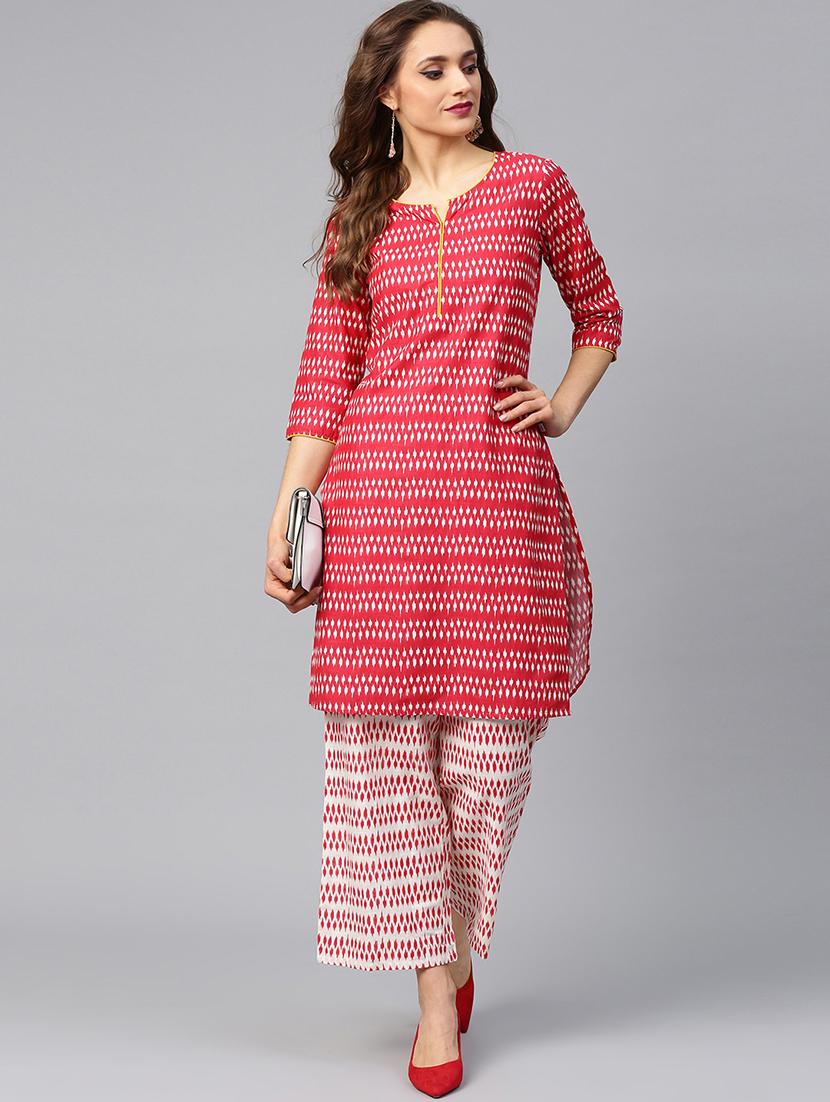 Ikat Print Straight Kurta With Ikat Print Wide-Leg Palazzo - 16017163 - Zoom Image - 4