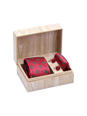 red micro fibre tie , pocket square and cuff links combo - 16025396 - Standard Image - 4