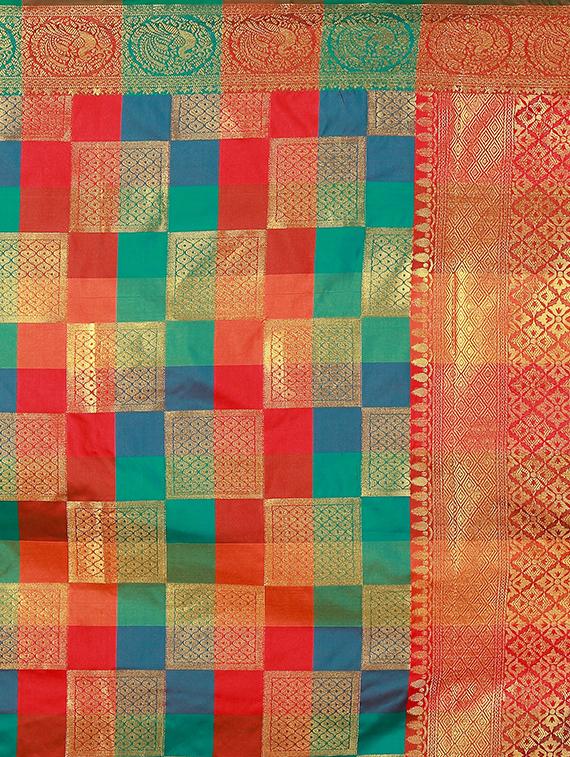 checkered zari motif banarasi saree with blouse - 16045812 - Zoom Image - 4