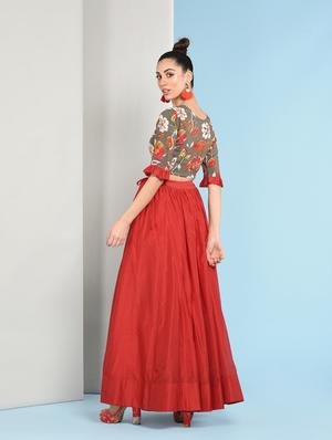 Ruffles sleeved floral top with solid flared skirt set - 16049448 - Standard Image - 4