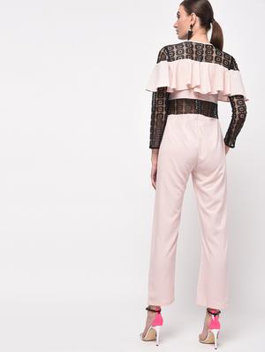 contrast lace ruffled full leg jumpsuit - 16059480 - Standard Image - 4