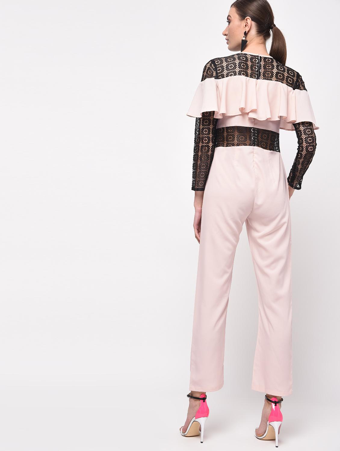 contrast lace ruffled full leg jumpsuit - 16059480 - Zoom Image - 4