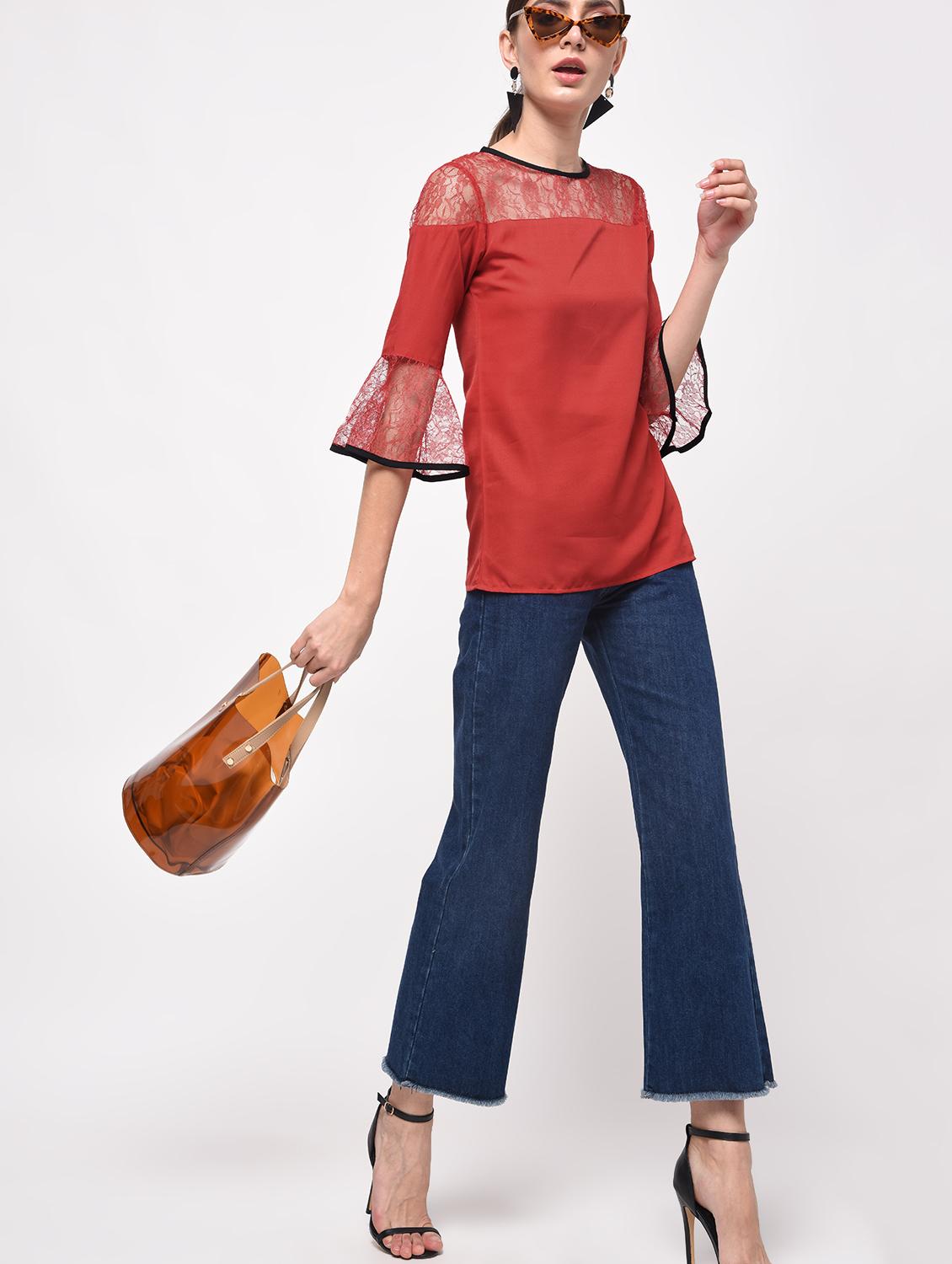 contrast piped floral lace panel top - 16059491 - Zoom Image - 4