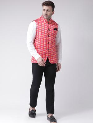 red printed nehru jacket - 16089819 - Standard Image - 4