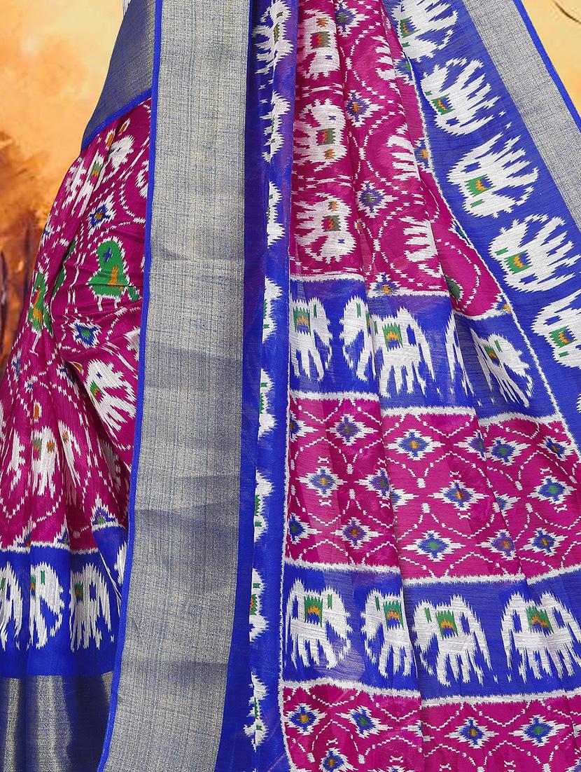 contrast zari border ikat saree with blouse - 16097357 - Zoom Image - 4