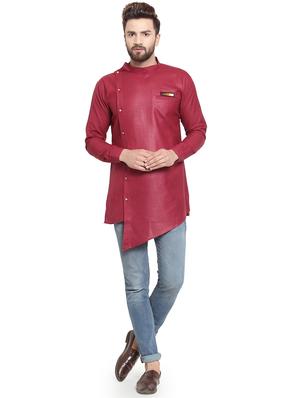 red cotton asymmetric kurta - 16100066 - Standard Image - 4