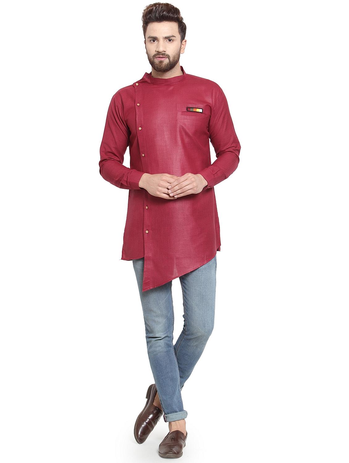 red cotton asymmetric kurta - 16100066 - Zoom Image - 4