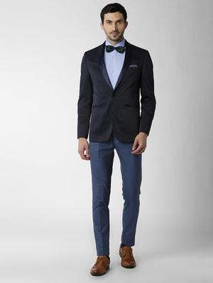 blue solid tuxedos casual blazer - 16106931 - Standard Image - 4