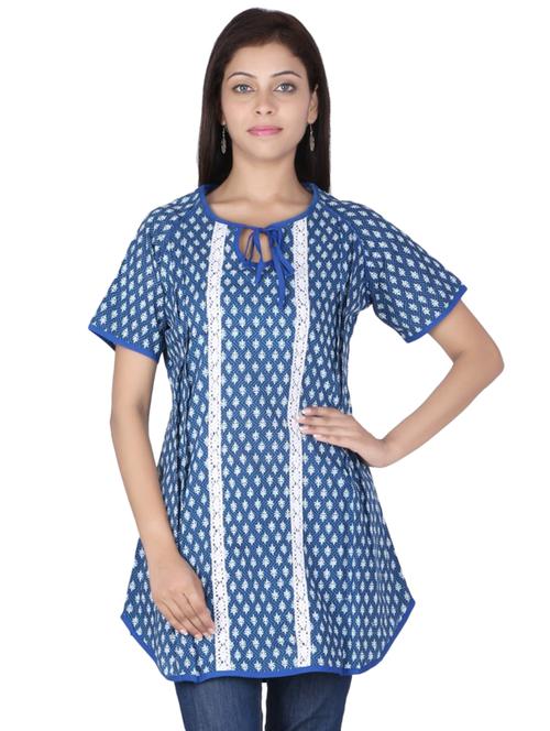 tie up neck contrast lace tunic - 16121047 - Standard Image - 1