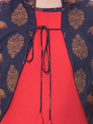 red straight kurta with printed jacket - 16121088 - Standard Image - 4