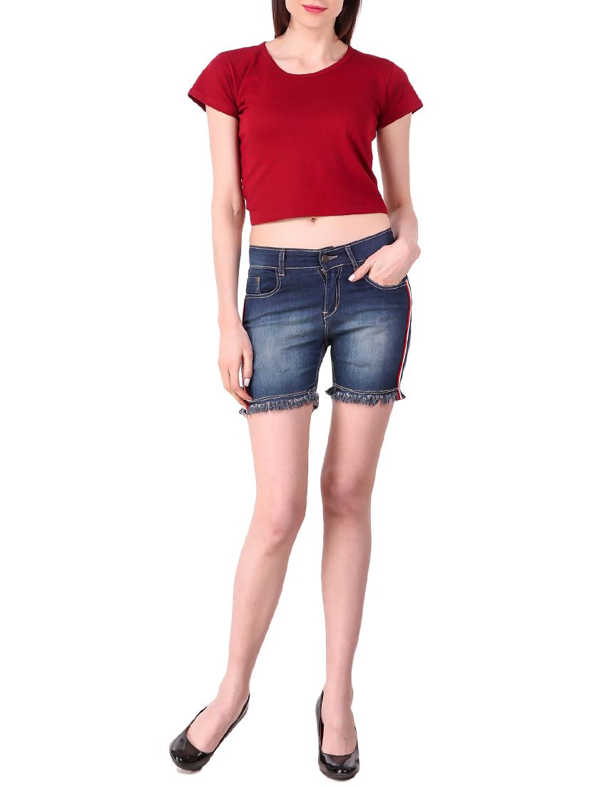 frayed hem side taped denim shorts - 16131905 - Zoom Image - 4