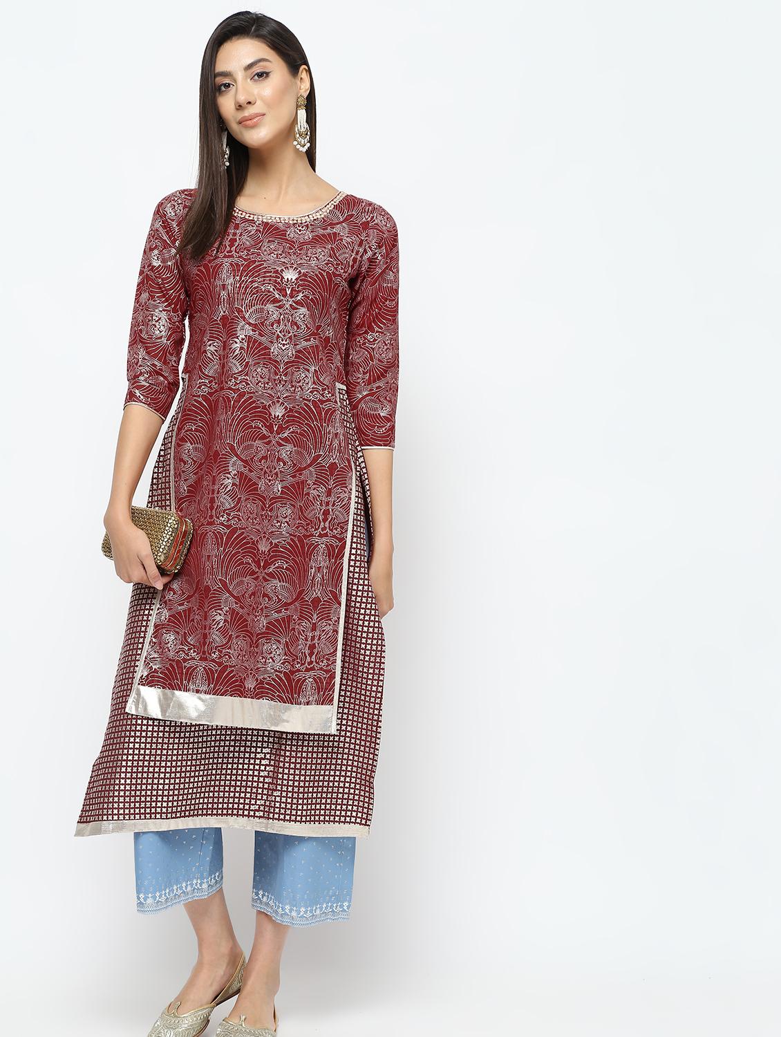 foil printed layered kurta - 16141897 - Zoom Image - 4