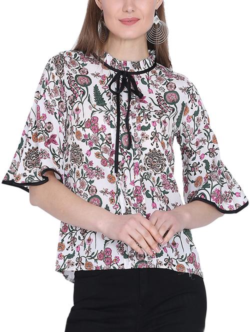 contrast piped tie up neck floral top - 16142765 - Standard Image - 1