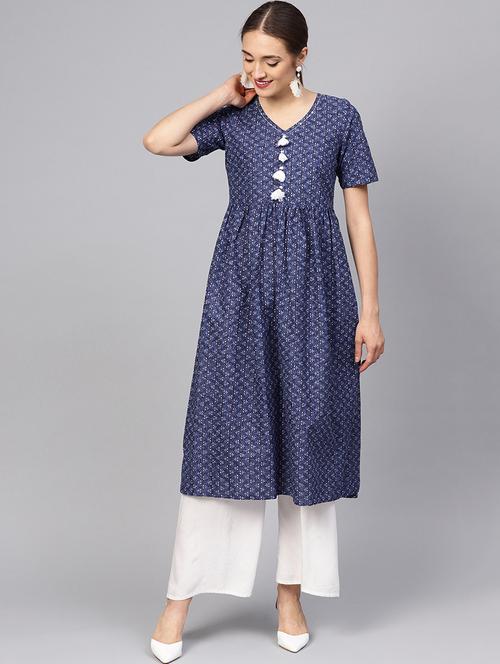 Printed flared kurta with tassels - 16165631 - Standard Image - 1