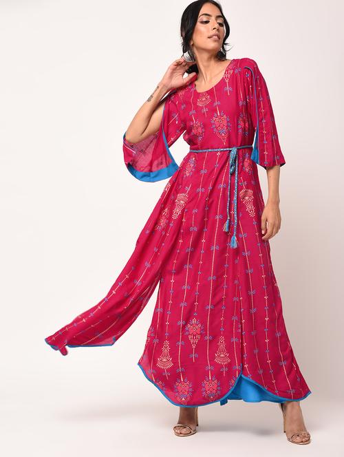 foil printed flared kurta with waist belt - 16173054 - Standard Image - 1