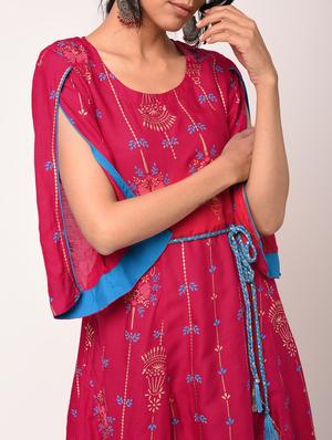 foil printed flared kurta with waist belt - 16173054 - Standard Image - 4