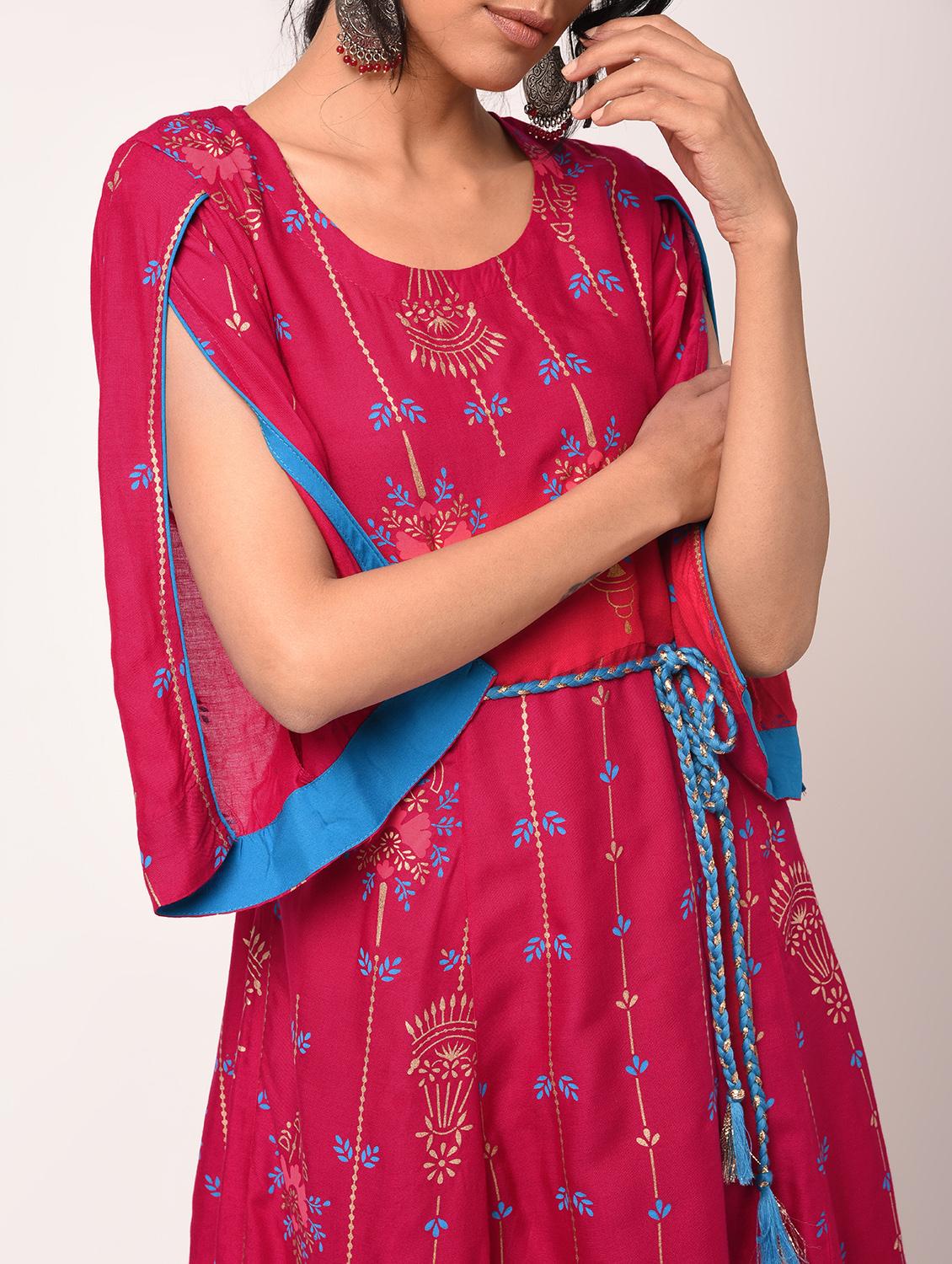 foil printed flared kurta with waist belt - 16173054 - Zoom Image - 4