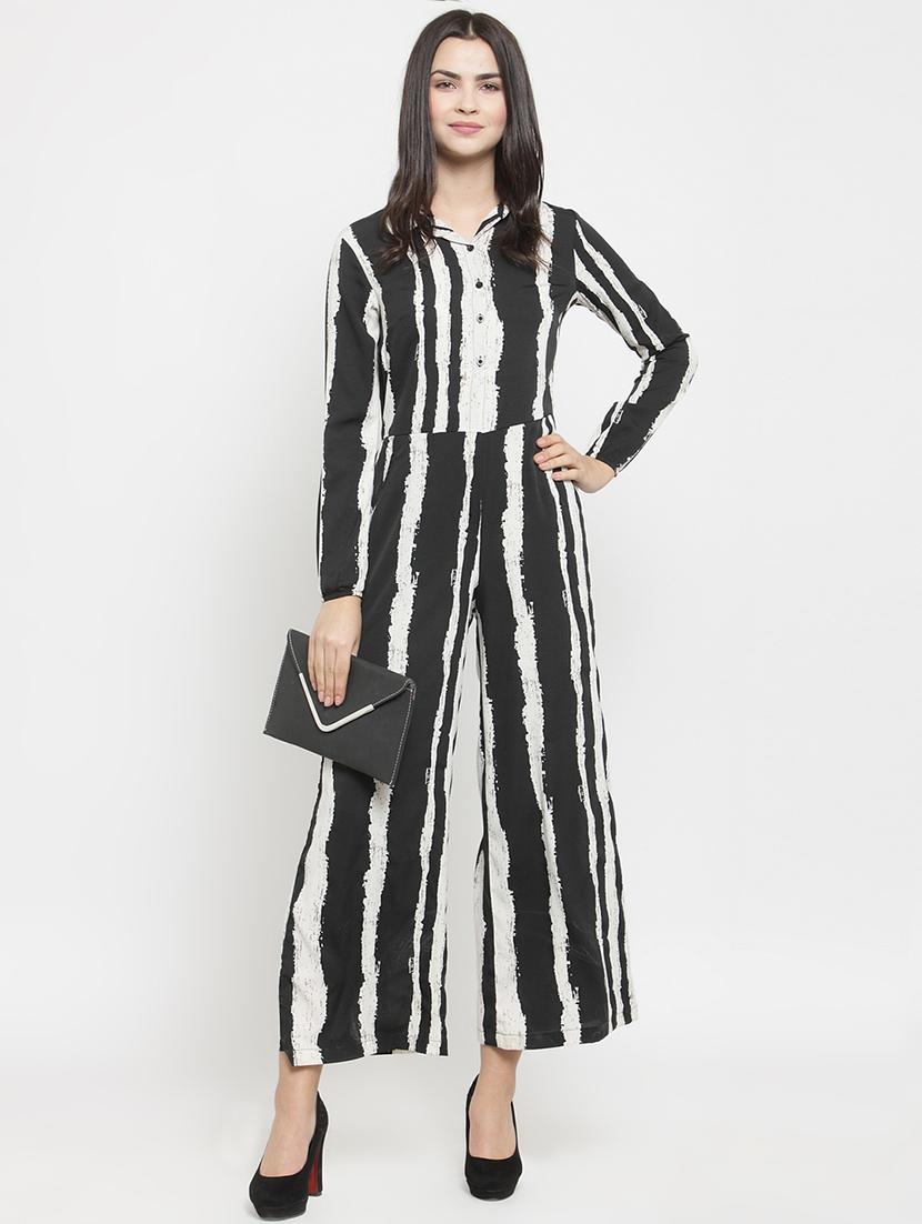 button detail striped full leg jumpsuit - 16201018 - Zoom Image - 4
