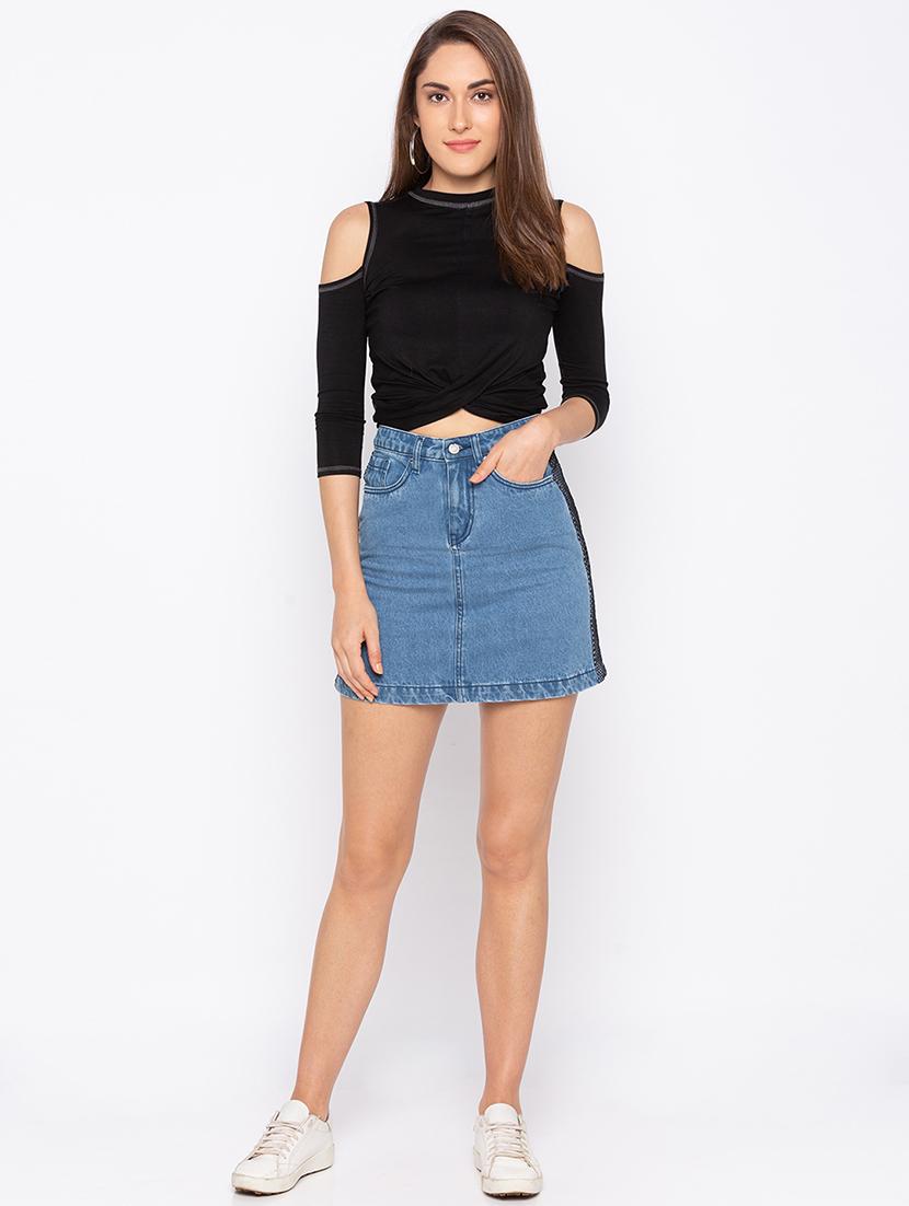 side taped a-line denim skirt - 16206876 - Zoom Image - 4