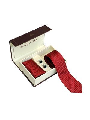 red micro-fiber tie , pocket square and cuff links - 16209558 - Standard Image - 4