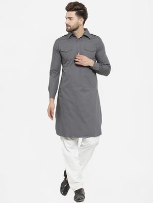 grey solid pathani kurta - 16226439 - Standard Image - 4