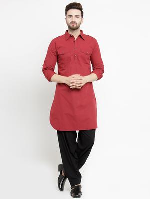 red solid pathani kurta - 16226454 - Standard Image - 4