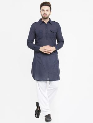 blue solid pathani kurta - 16226457 - Standard Image - 4
