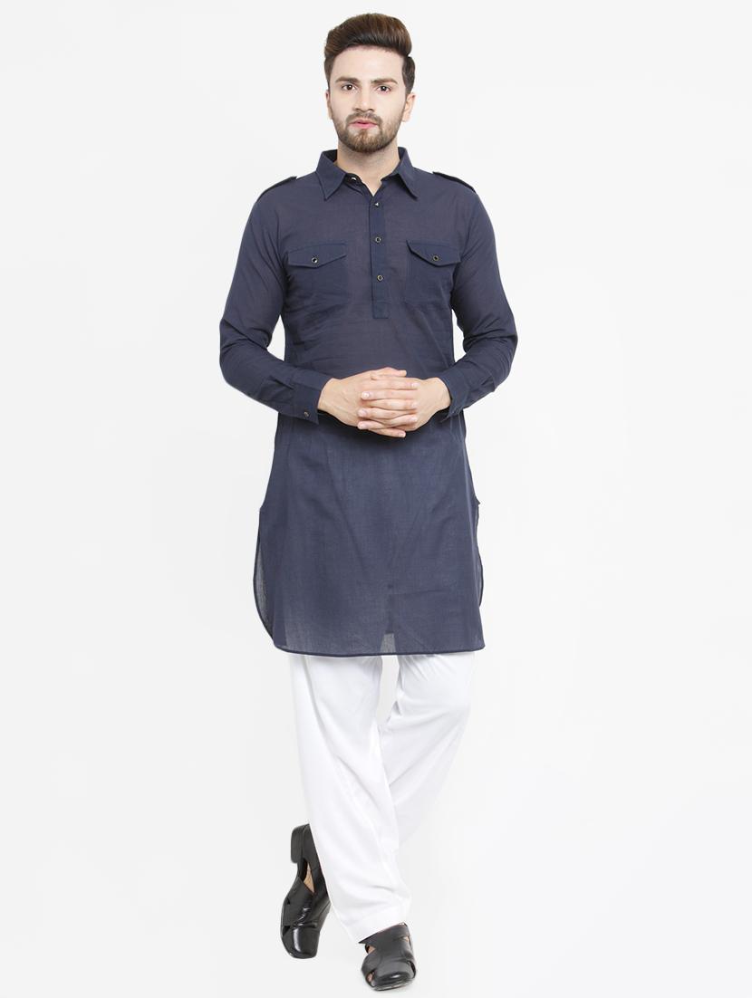 blue solid pathani kurta - 16226457 - Zoom Image - 4